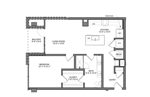 Floor plan for 1 bed, 1 bath, 856 sqft
