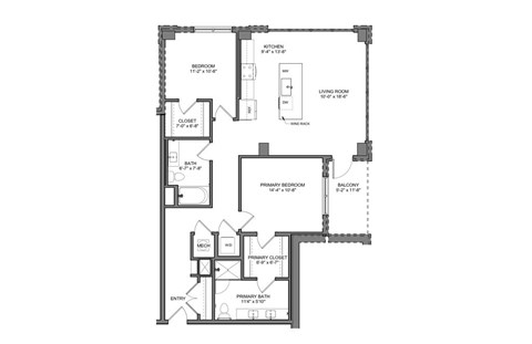 Floor plan for 2 beds, 2 baths, 1260 sqft
