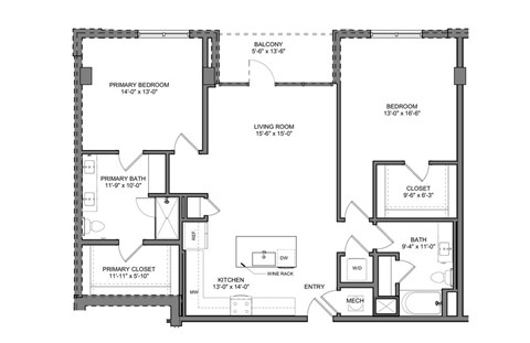 Floor plan for 2 beds, 2 baths, 1380 sqft