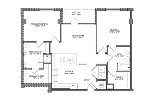 Floor plan for 2 beds, 2 baths, 1380 sqft