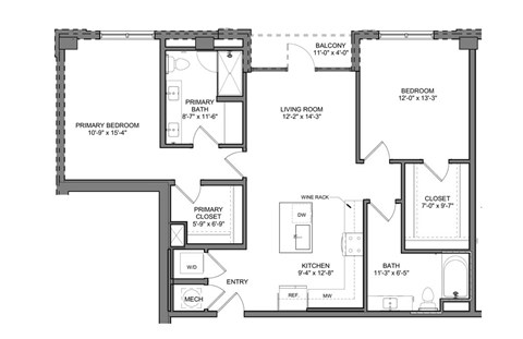 Floor plan for 2 beds, 2 baths, 1182 sqft