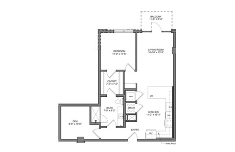 Floor plan for 1 bed, 1 bath, 899 sqft