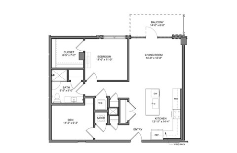 Floor plan for 1 bed, 1 bath, 987 sqft