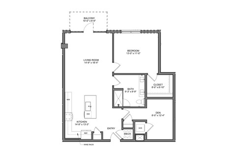 Floor plan for 1 bed, 1 bath, 1074 sqft