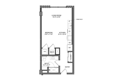 Floor plan for studio, 1 bath, 536 sqft