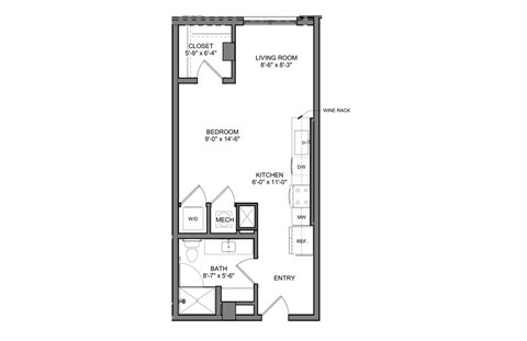 Floor plan for studio, 1 bath, 536 sqft