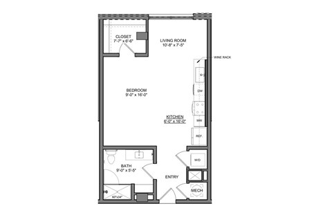 Floor plan for studio, 1 bath, 648 sqft