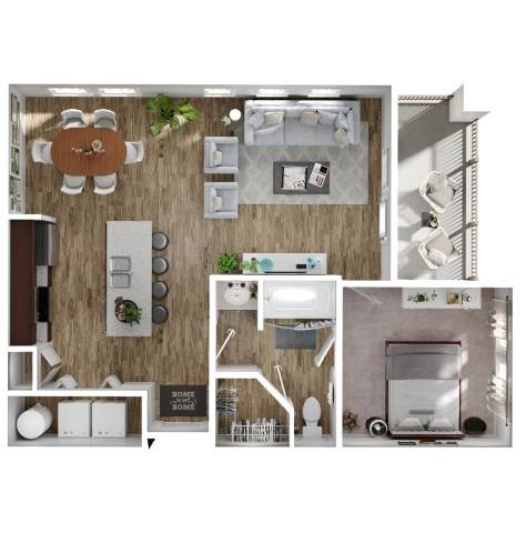 Floor plan for 1 bed, 1 bath, 886 sqft