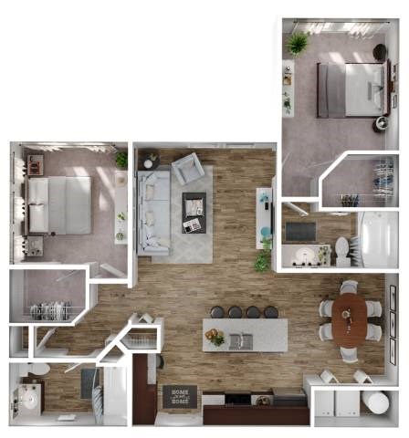 Floor plan for 2 beds, 2 baths, 1147 sqft
