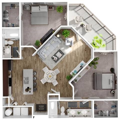 Floor plan for 2 beds, 2 baths, 1305 sqft