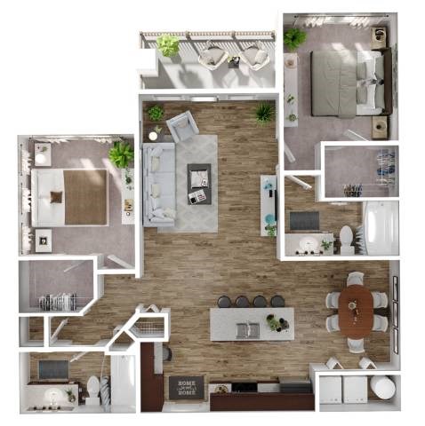 Floor plan for 2 beds, 2 baths, 1304 sqft