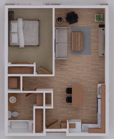 Floor plan for 1 bed, 1 bath, 673 sqft