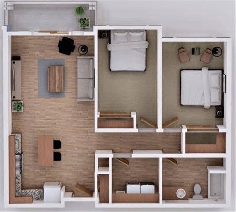 Floor plan for 2 beds, 1 bath, 1001 sqft