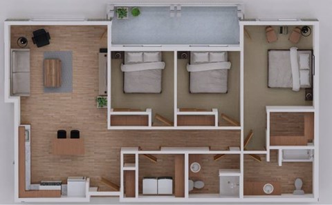 Floor plan for 3 beds, 2 baths, 1167 sqft