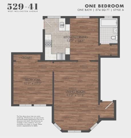 Floor plan for 1 bed, 1 bath, 574 sqft