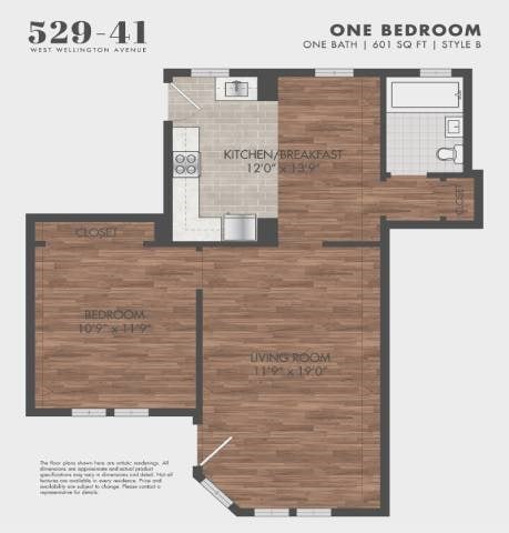 Floor plan for 1 bed, 1 bath, 601 sqft