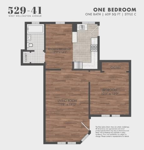 Floor plan for 1 bed, 1 bath, 609 sqft