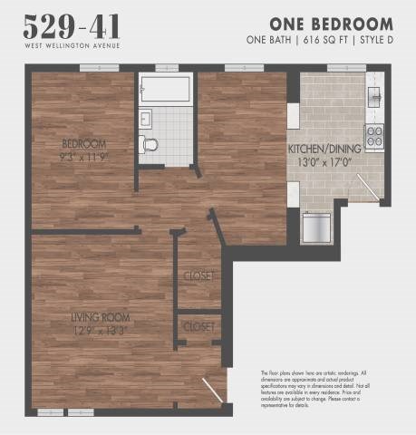 Floor plan for 1 bed, 1 bath, 616 sqft