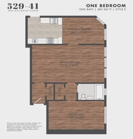 Floor plan for 1 bed, 1 bath, 683 sqft