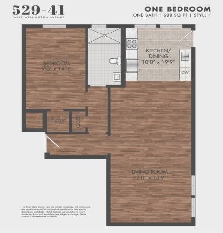 Floor plan for 1 bed, 1 bath, 688 sqft