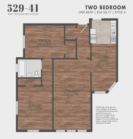 Floor plan for 2 beds, 1 bath, 834 sqft