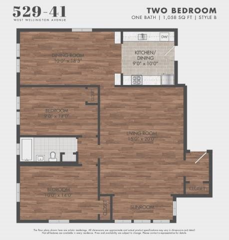 Floor plan for 2 beds, 1 bath, 1058 sqft