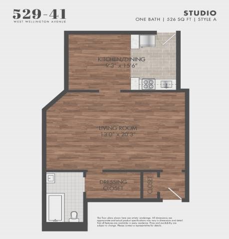 Floor plan for studio, 1 bath, 526 sqft