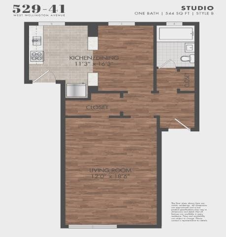 Floor plan for studio, 1 bath, 544 sqft