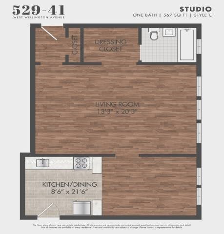 Floor plan for studio, 1 bath, 567 sqft
