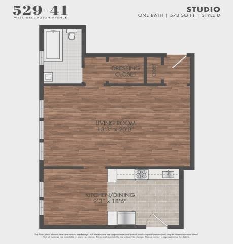 Floor plan for studio, 1 bath, 573 sqft