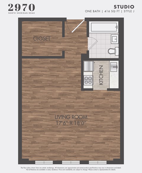 Floor plan for studio, 1 bath, 416 sqft
