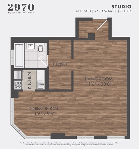 Floor plan for studio, 1 bath, 476 sqft