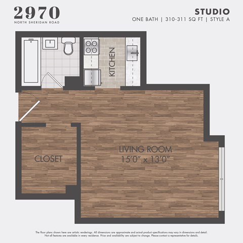Floor plan for studio, 1 bath, 311 sqft