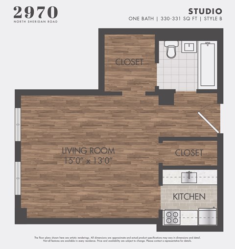 Floor plan for studio, 1 bath, 330 sqft