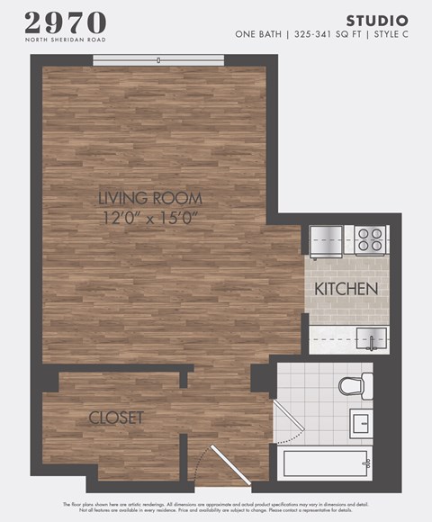 Floor plan for studio, 1 bath, 325 sqft