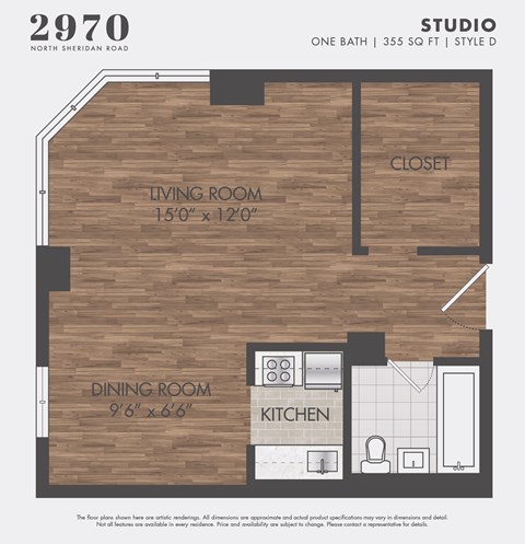 Floor plan for studio, 1 bath, 335 sqft