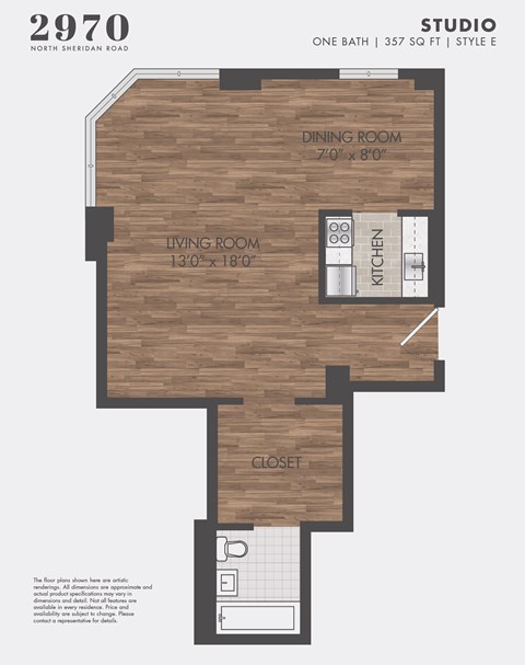 Floor plan for studio, 1 bath, 357 sqft