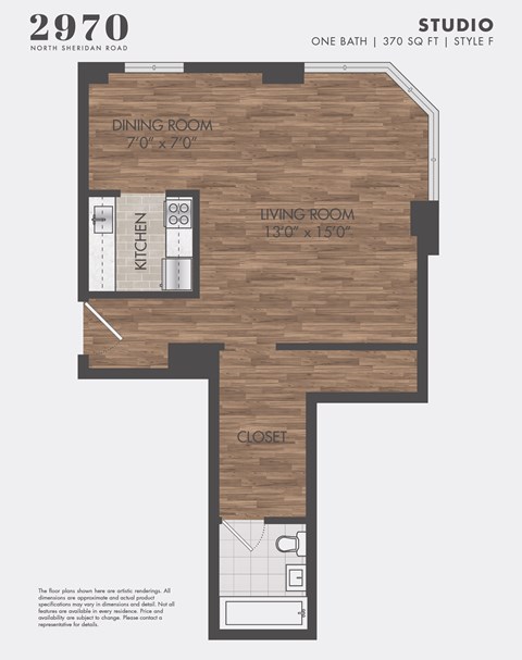 Floor plan for studio, 1 bath, 370 sqft