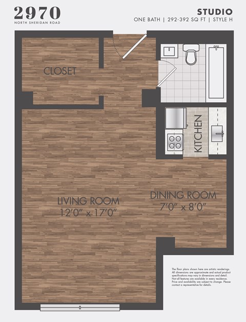 Floor plan for studio, 1 bath, 292 sqft