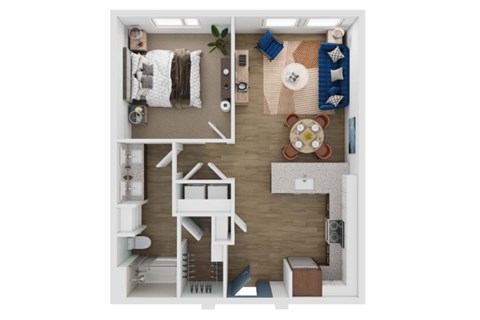 Floor plan for 1 bed, 1 bath, 736 sqft