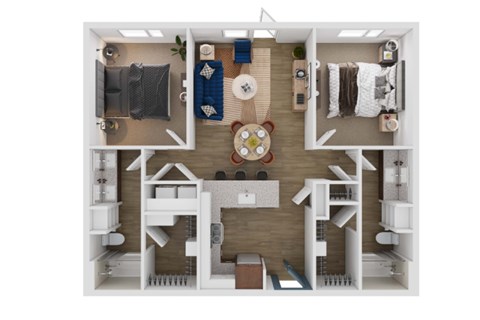 Floor plan for 2 beds, 2 baths, 1051 sqft