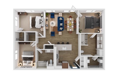 Floor plan for 3 beds, 2 baths, 1285 sqft