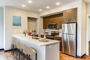 Lawrence apartment for rent - One Bedroom Apartments in Lawrence, KS - Fairway Flats & The Heights Apartments - Kitchen With Quartz Countertops, Custom Cabinetry, Luxury Vinyl Flooring, and Stainless Steel Appliances.
