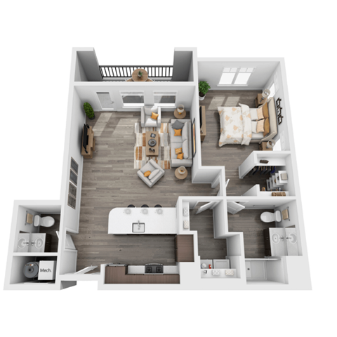 Floor plan for 1 bed, 1.5 baths, 961 sqft