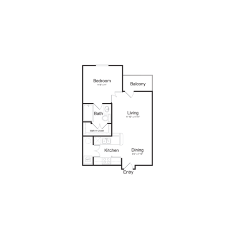 Floor plan for 1 bed, 1 bath, 563 sqft