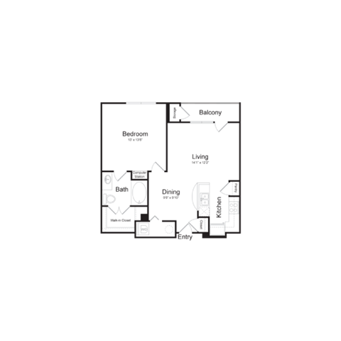 Floor plan for 1 bed, 1 bath, 699 sqft