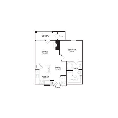 Floor plan for 1 bed, 1 bath, 741 sqft