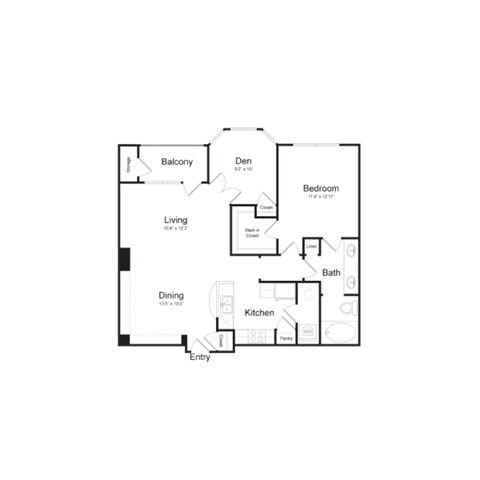 Floor plan for 1 bed, 1 bath, 918 sqft