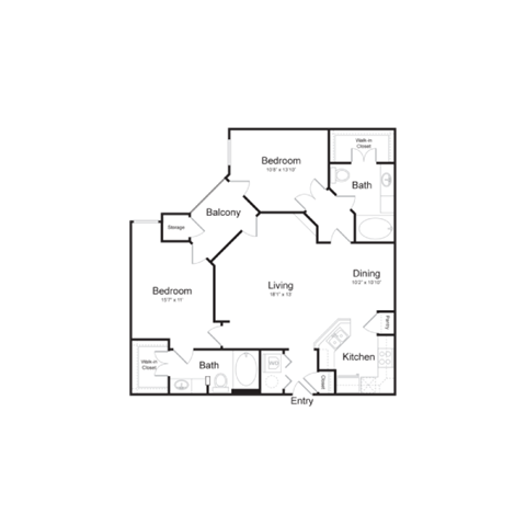 Floor plan for 2 beds, 2 baths, 1084 sqft