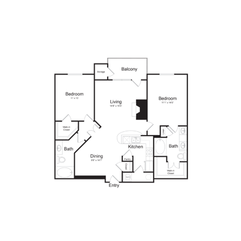 Floor plan for 2 beds, 2 baths, 1130 sqft
